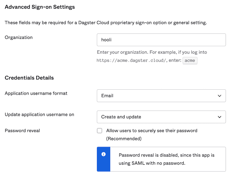 Configured Sign On tab of Dagster Cloud Okta application